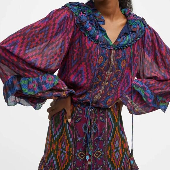 Farm Rio Beaded Tassel Tapestry Maxi Dress - Balloon Sleeves - Multicolor - XS - Picture 2 of 9